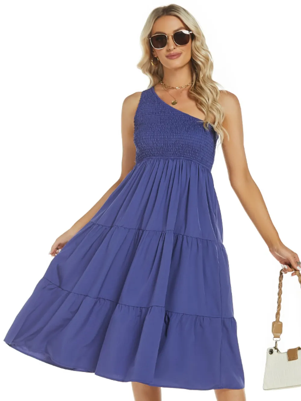 One-Shoulder Tiered Midi Dress with Smocked Bodice, image 3