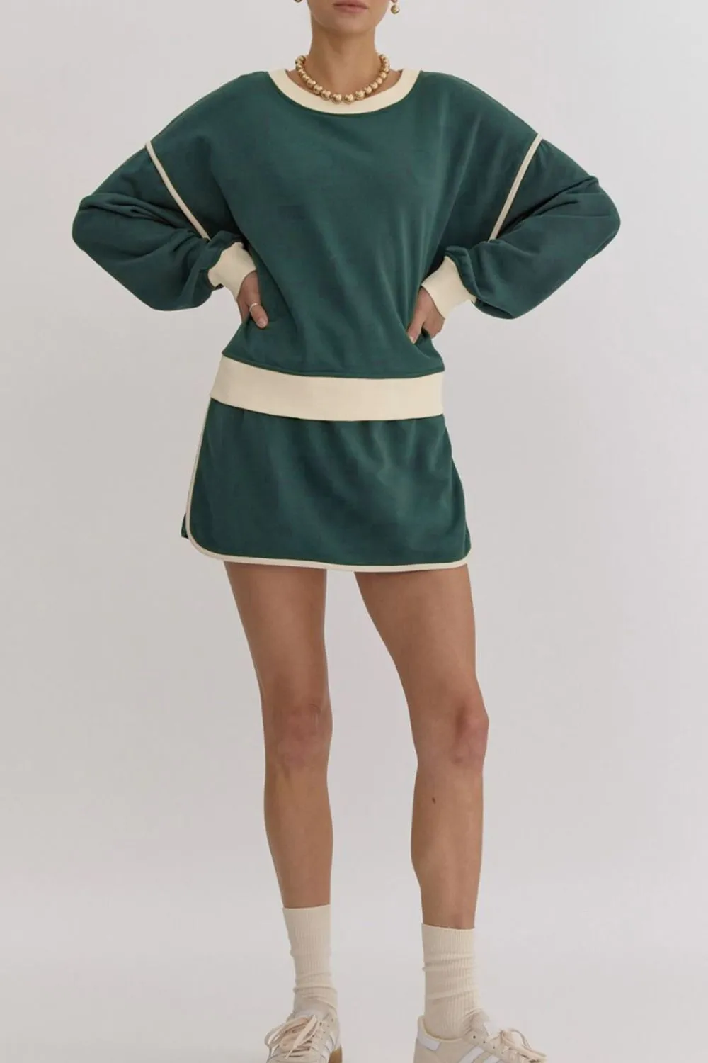 Contrast Trim Round Neck Top and Skort Set, image 23
