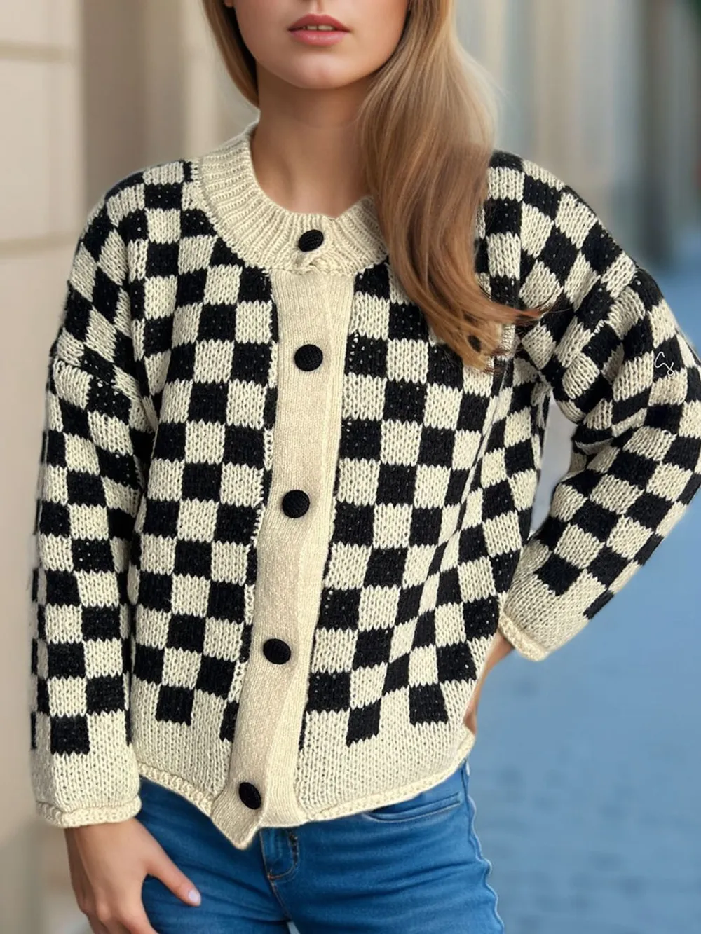 Checkered Button Up Round Neck Cardigan, image 4