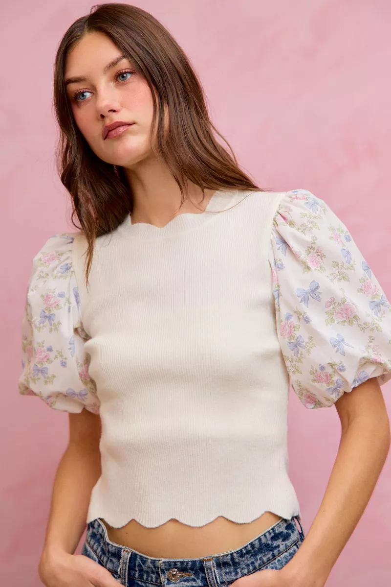 Floral Cotton Contrast Sleeves Scallop Sweater Top, image 14