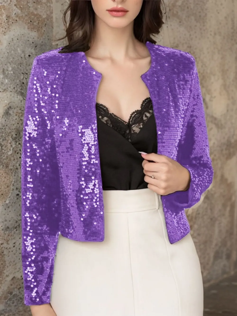 Full Size Sequin Open Front Cropped Jacket, image 25
