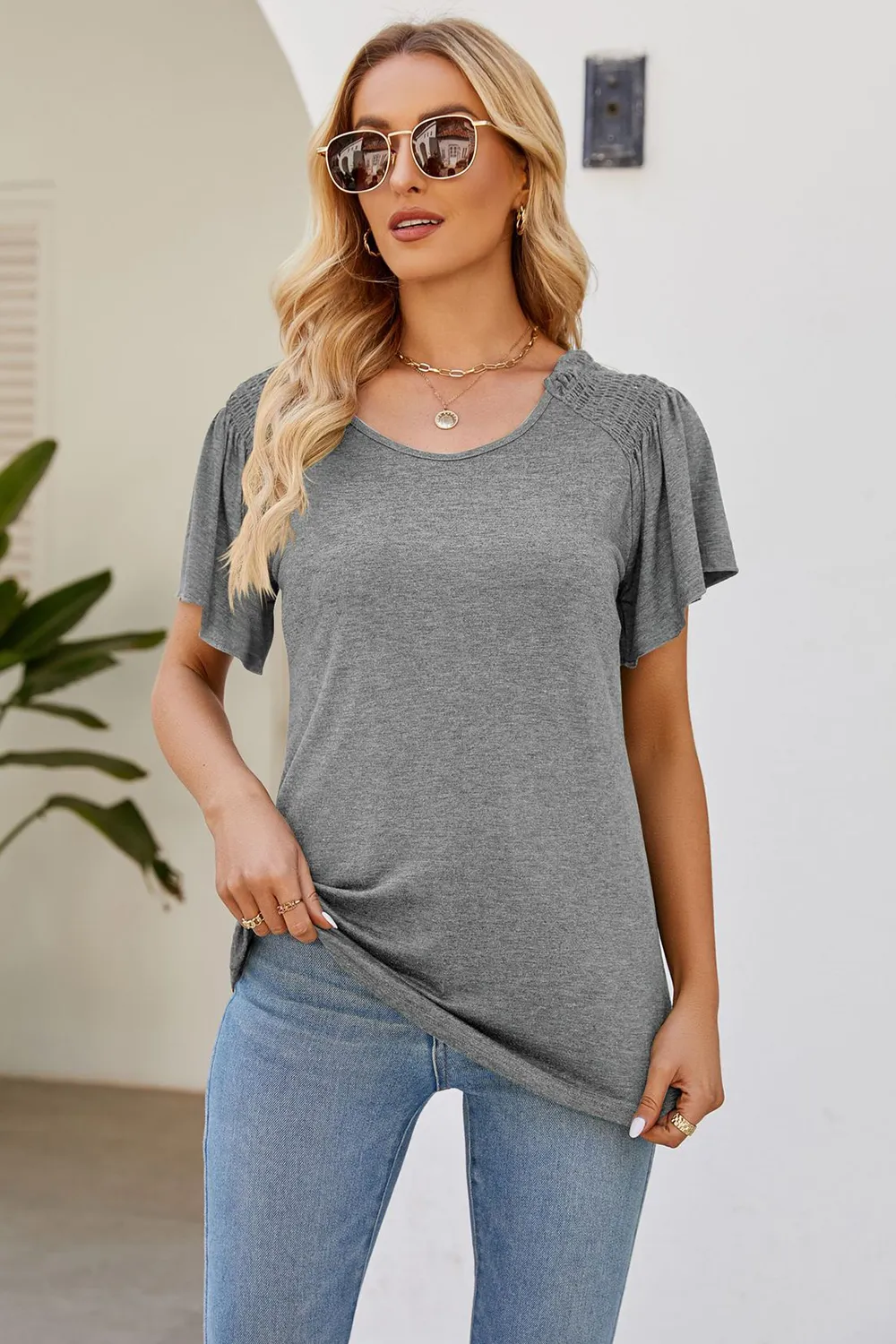 Smocked Round Neck Flutter Sleeve T-Shirt, image 8