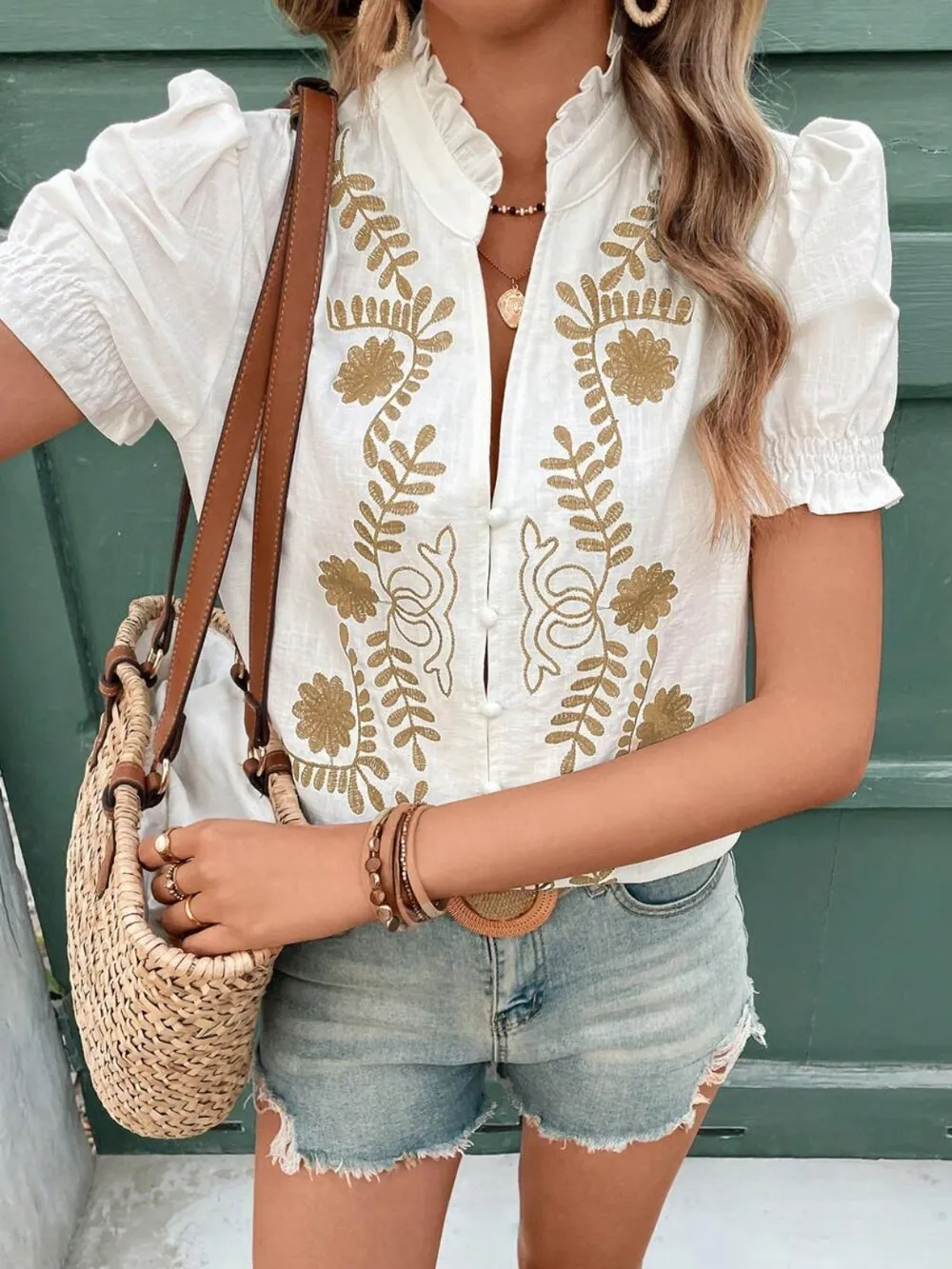 Embroidered Frill Notched Short Sleeve Blouse