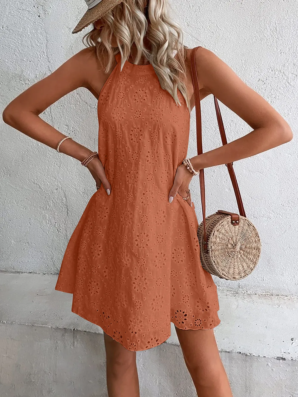 Eyelet Grecian Neck Mini Dress, image 9