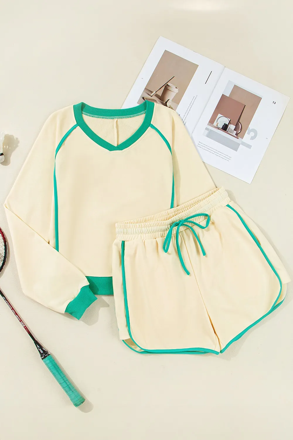 Contrast Round Neck Top and Shorts Set, image 8