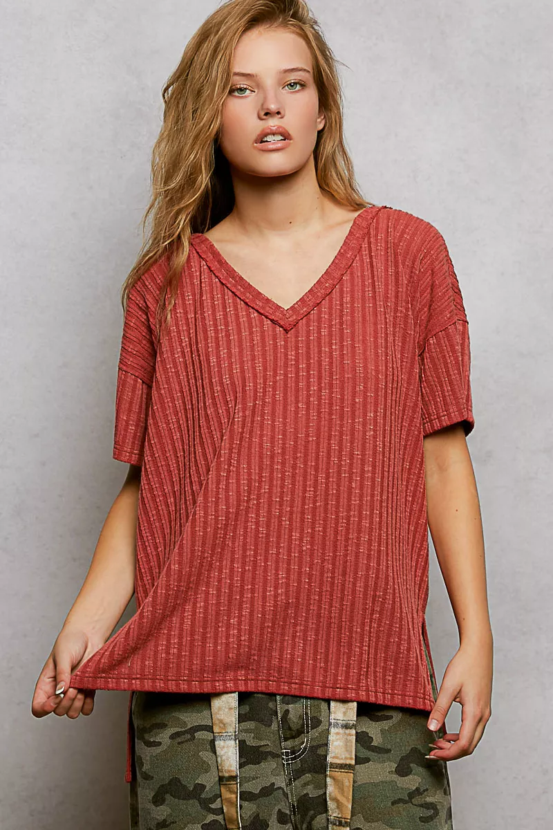 Ribbed Knit V-Neck Short Sleeve T-Shirt with Side Slit, image 8