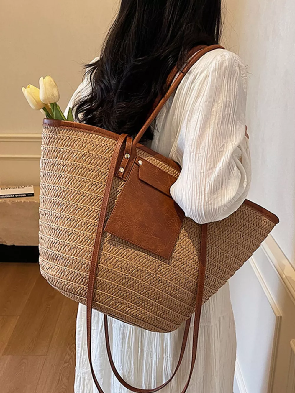 Straw Woven Shoulder Bag with Leather Accents, image 2