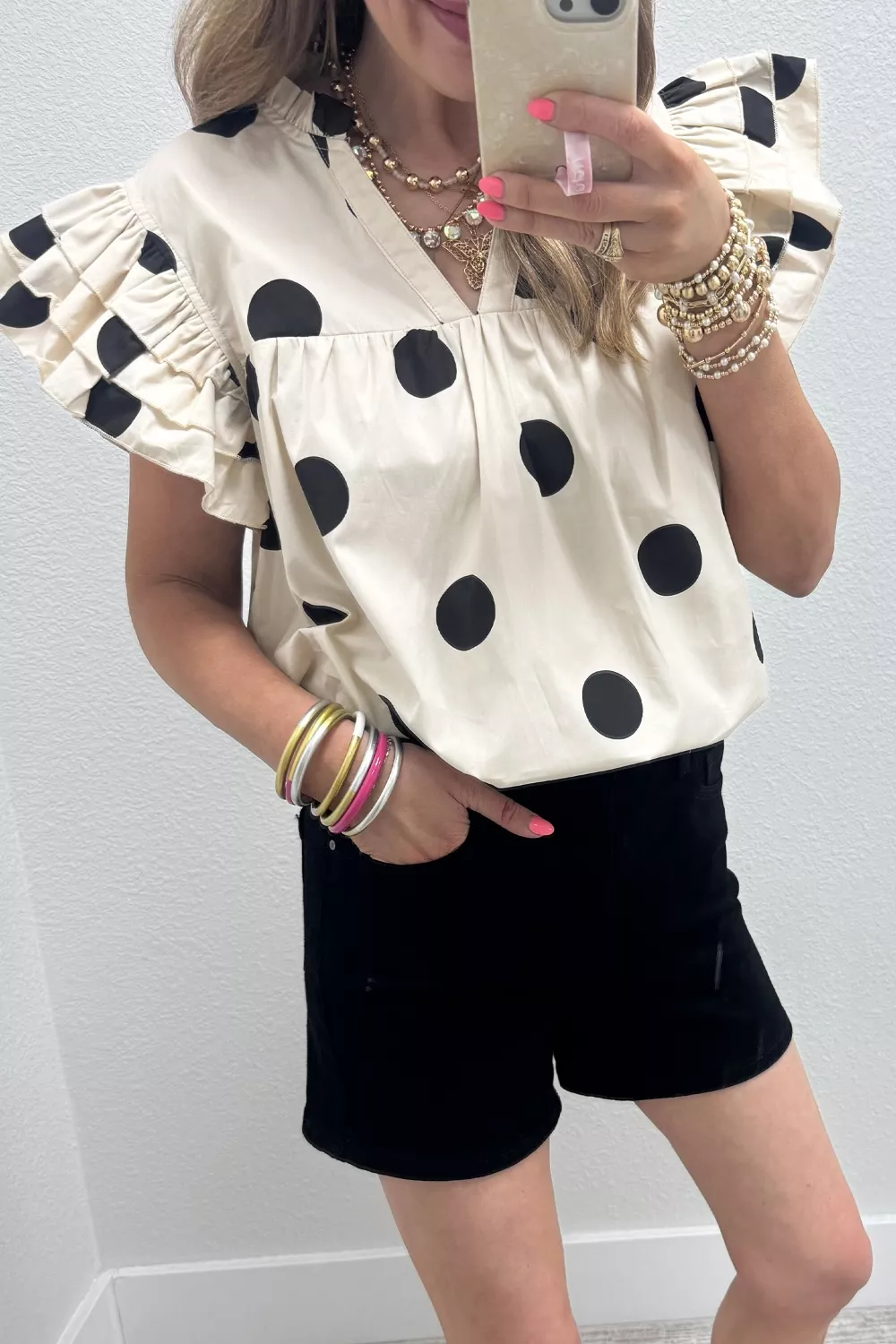 Casual Polka Dot V-Neck Ruffle Short Sleeve Blouse, image 3