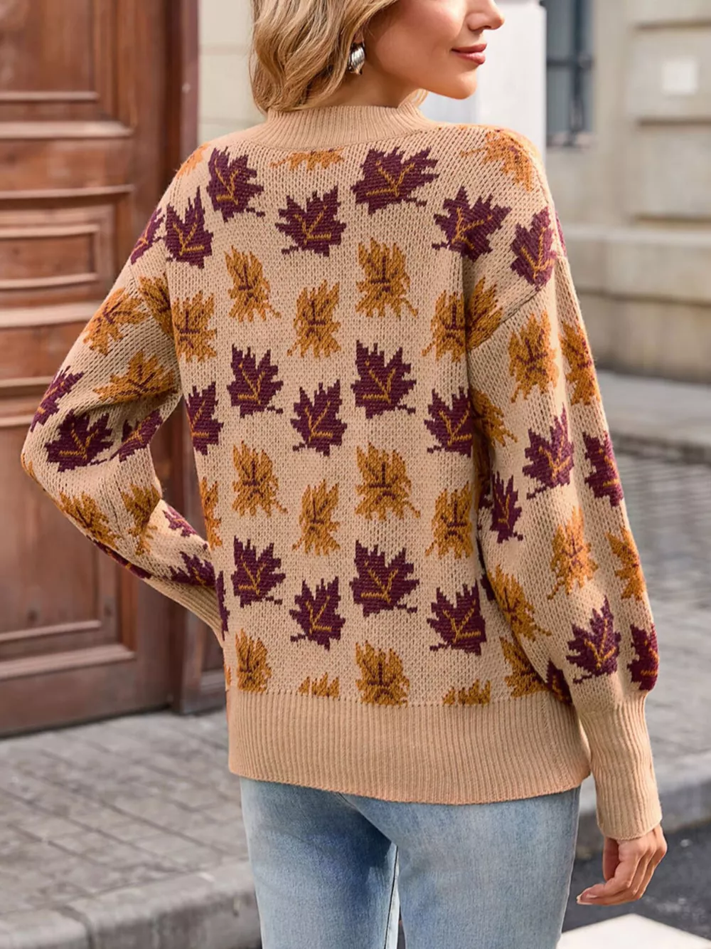 Autumn Leaf Pattern Mock Neck Sweater, image 6