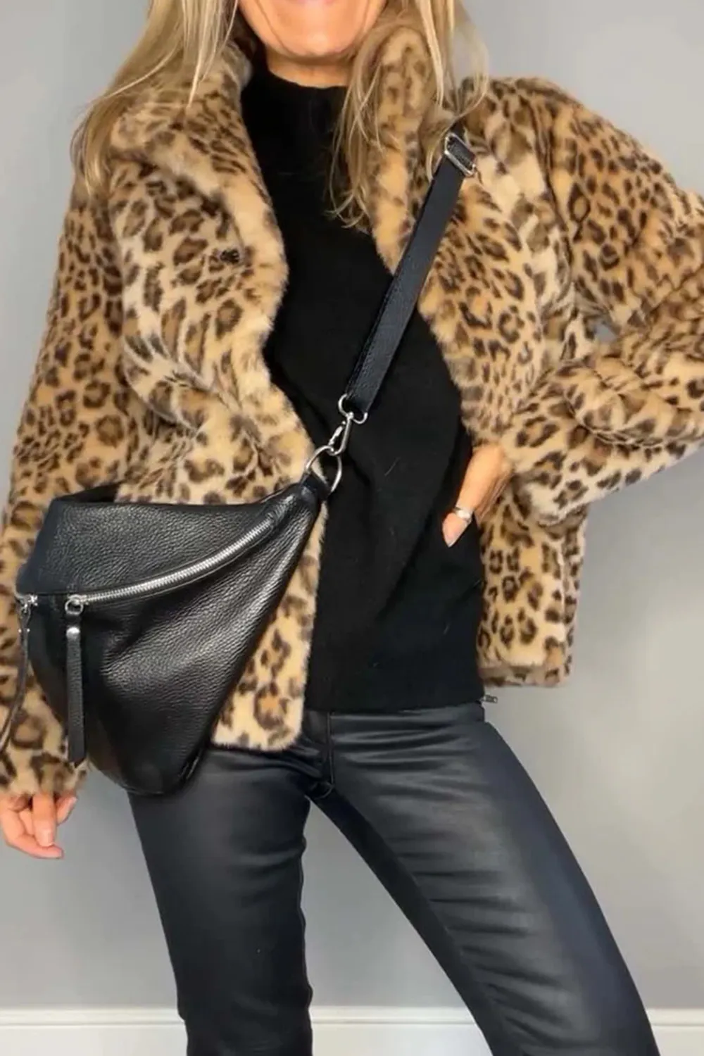 Full Size Leopard Furry Collared Neck Long Sleeve Coat, image 9