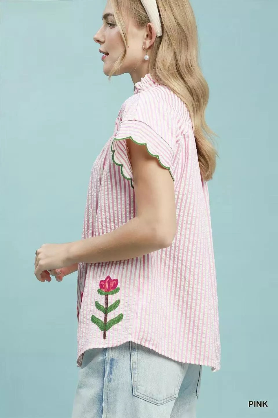 Embroidered Stripe Button Front Top, image 2