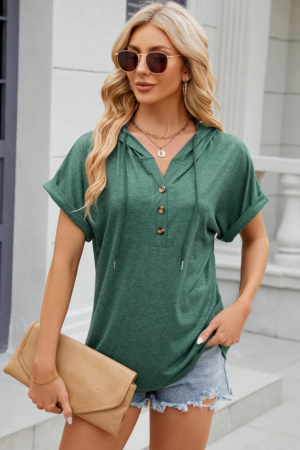 Half Button Drawstring Short Sleeve Hooded T-Shirt, image 2