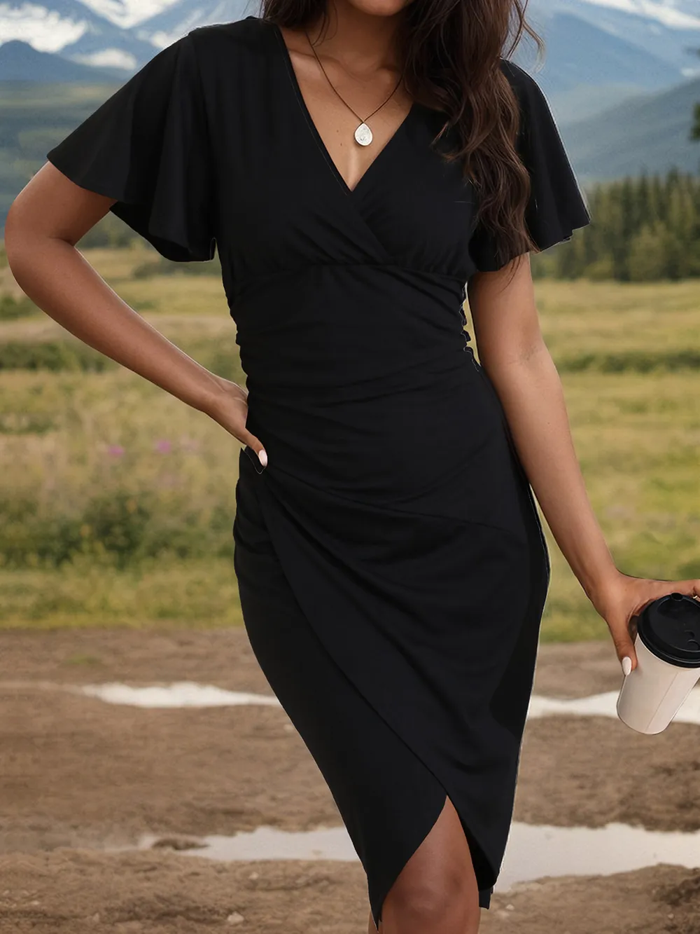 Ruched Surplice Short Sleeve Dress, image 4