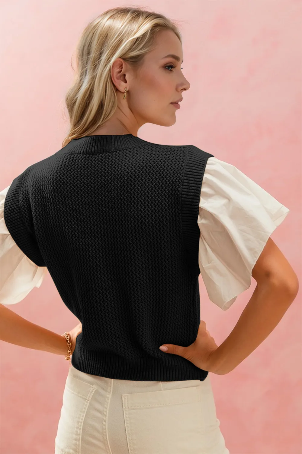Full Size Ruffled Round Neck Short Sleeve Sweater, image 4