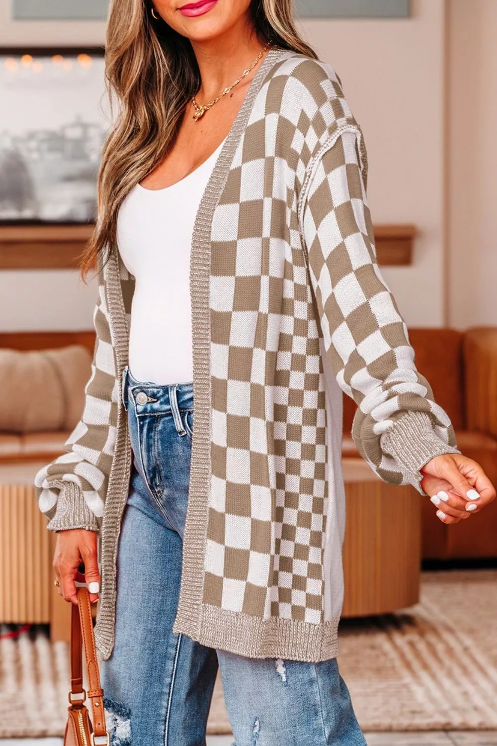 Checkerboard Print Open Front Knit Cardigan, image 9