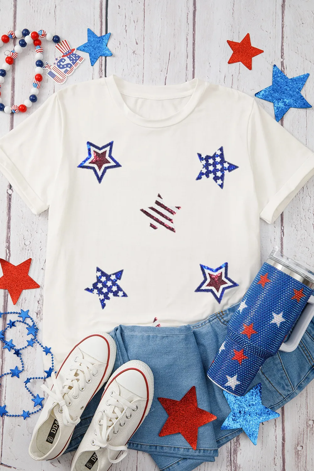 Sequin Star Round Neck Short Sleeve T-Shirt, image 5