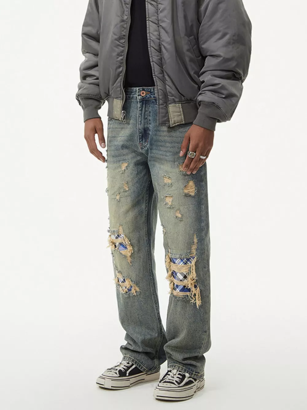 Men's Distressed Plaid Patch Wide Leg Jeans, image 3