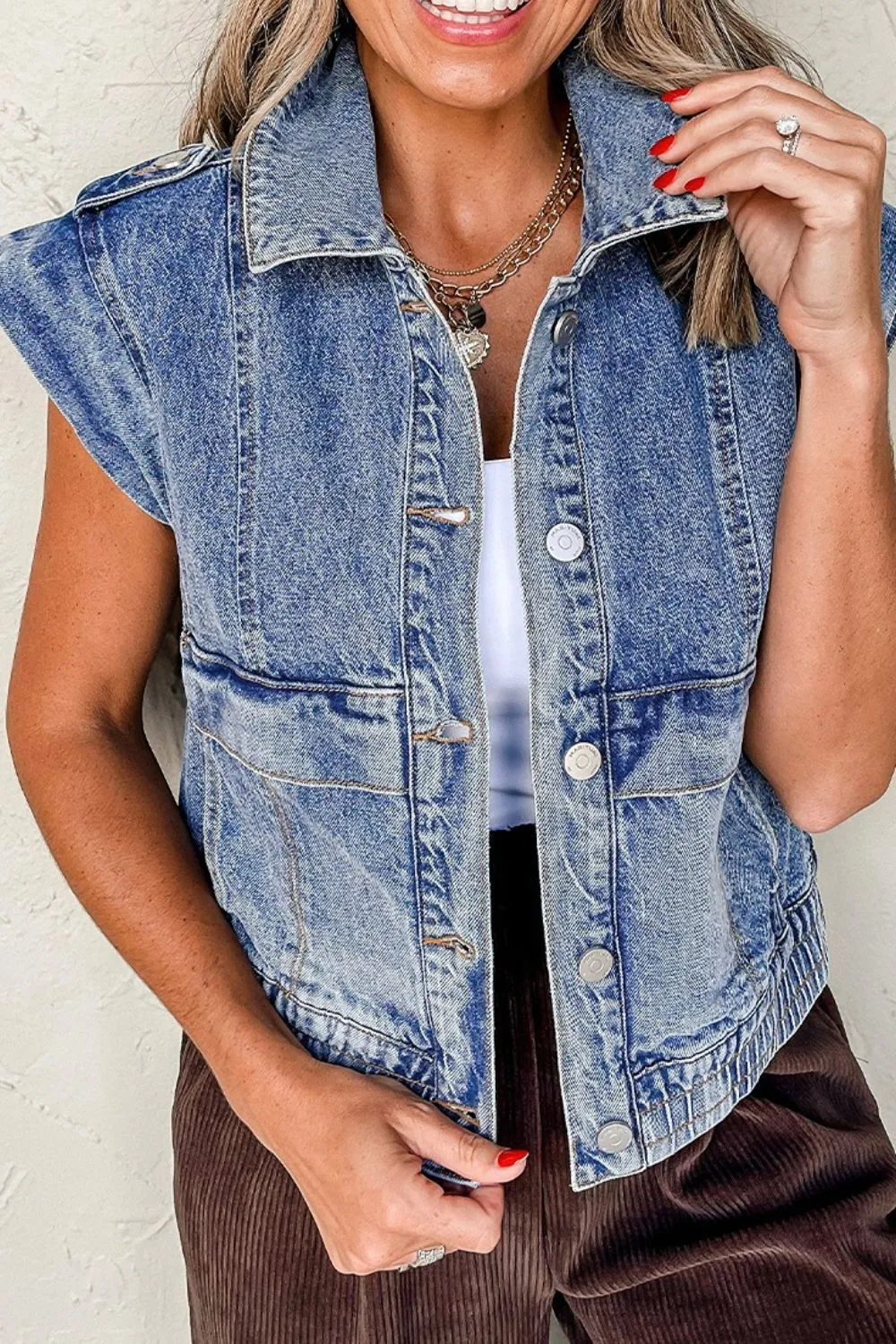 Button Up Cap Sleeve Denim Jacket, image 10