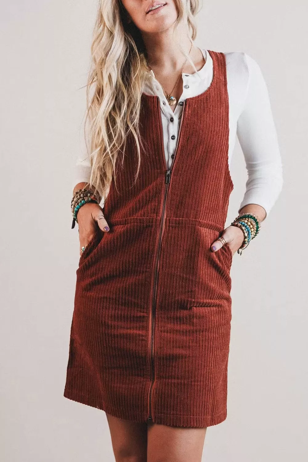 Ribbed Corduroy Zip-Up Sleeveless Pocket Sheath Dress