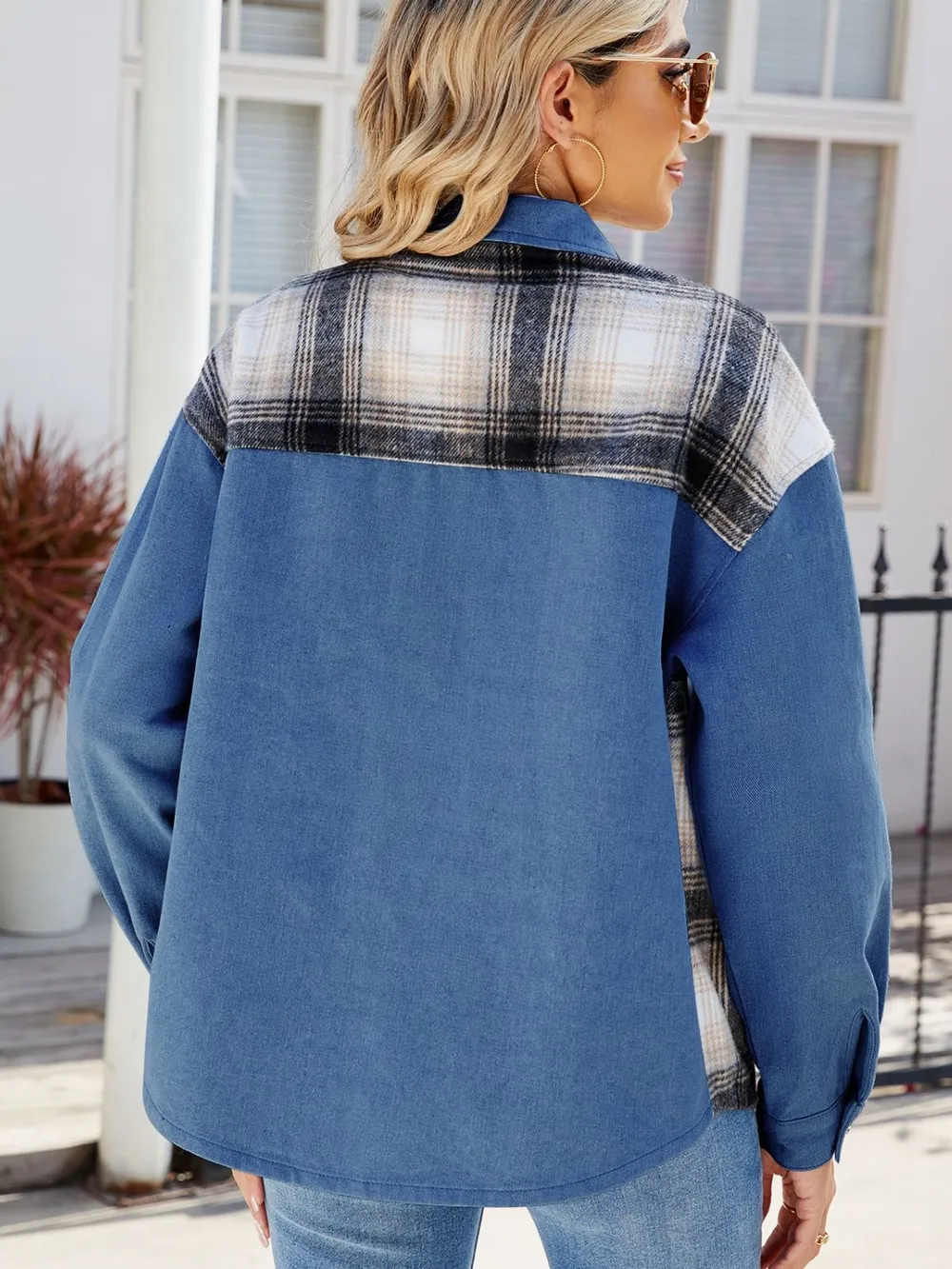 Plaid Button Up Long Sleeve Denim Jacket, image 10