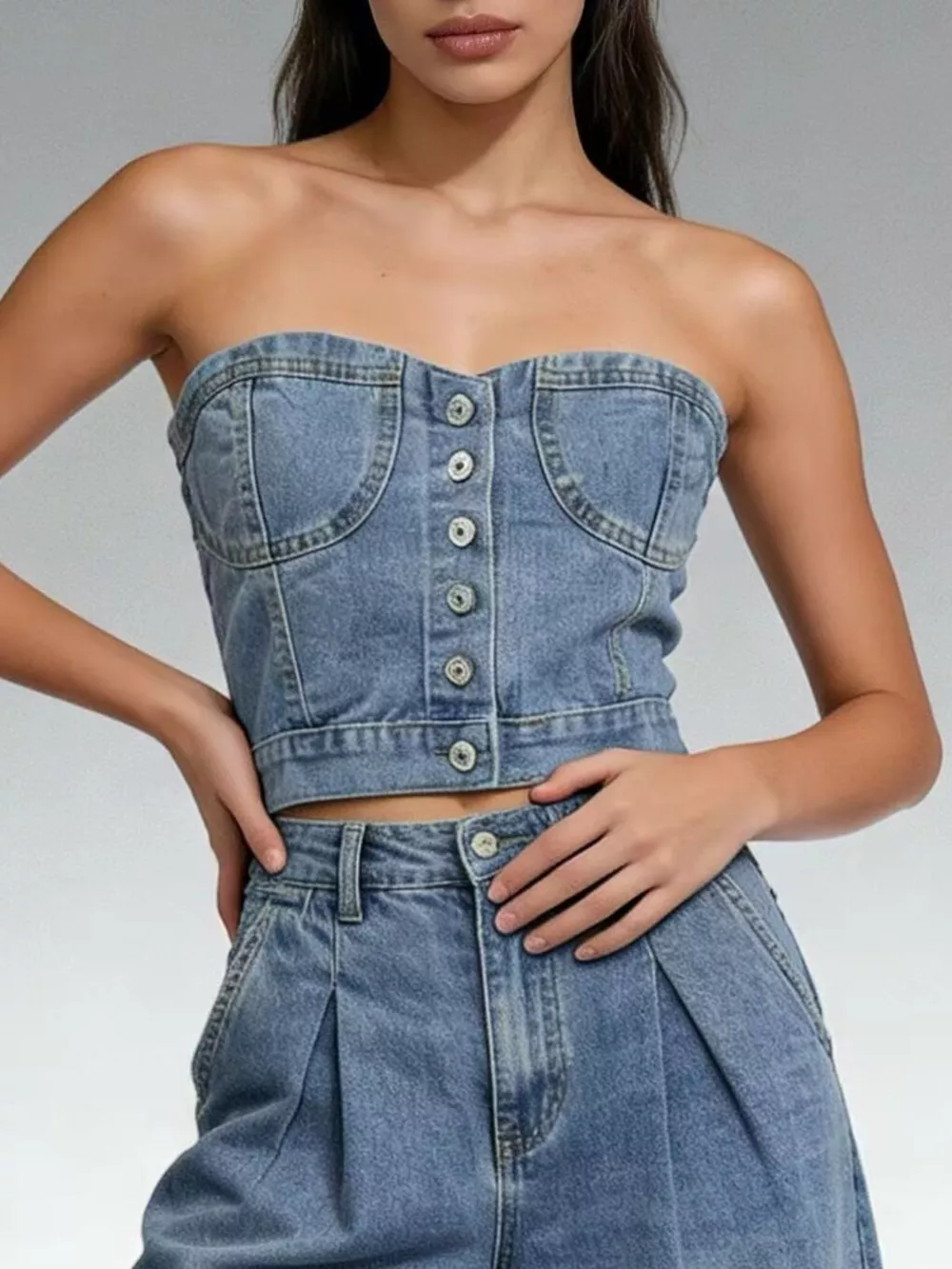 Button-Front Denim Tube Top, image 9