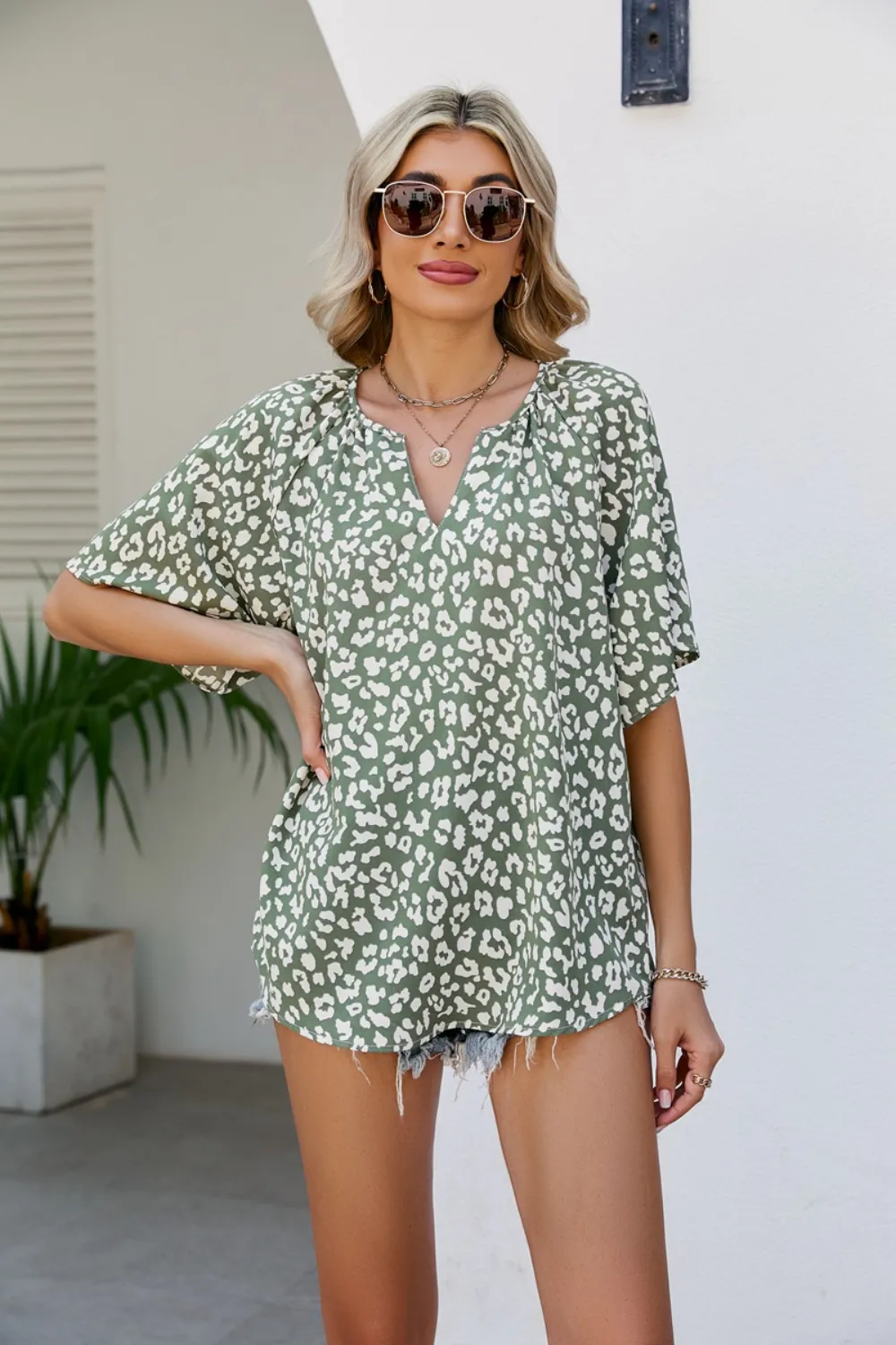 Leopard Notched Half Sleeve Blouse, image 2