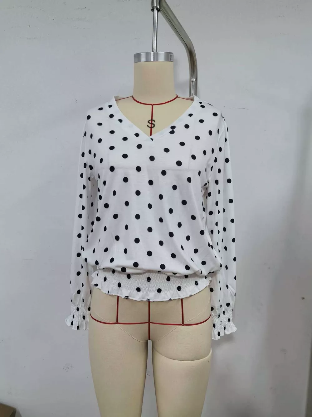 Polka Dot V-Neck Smocked Blouse, image 3