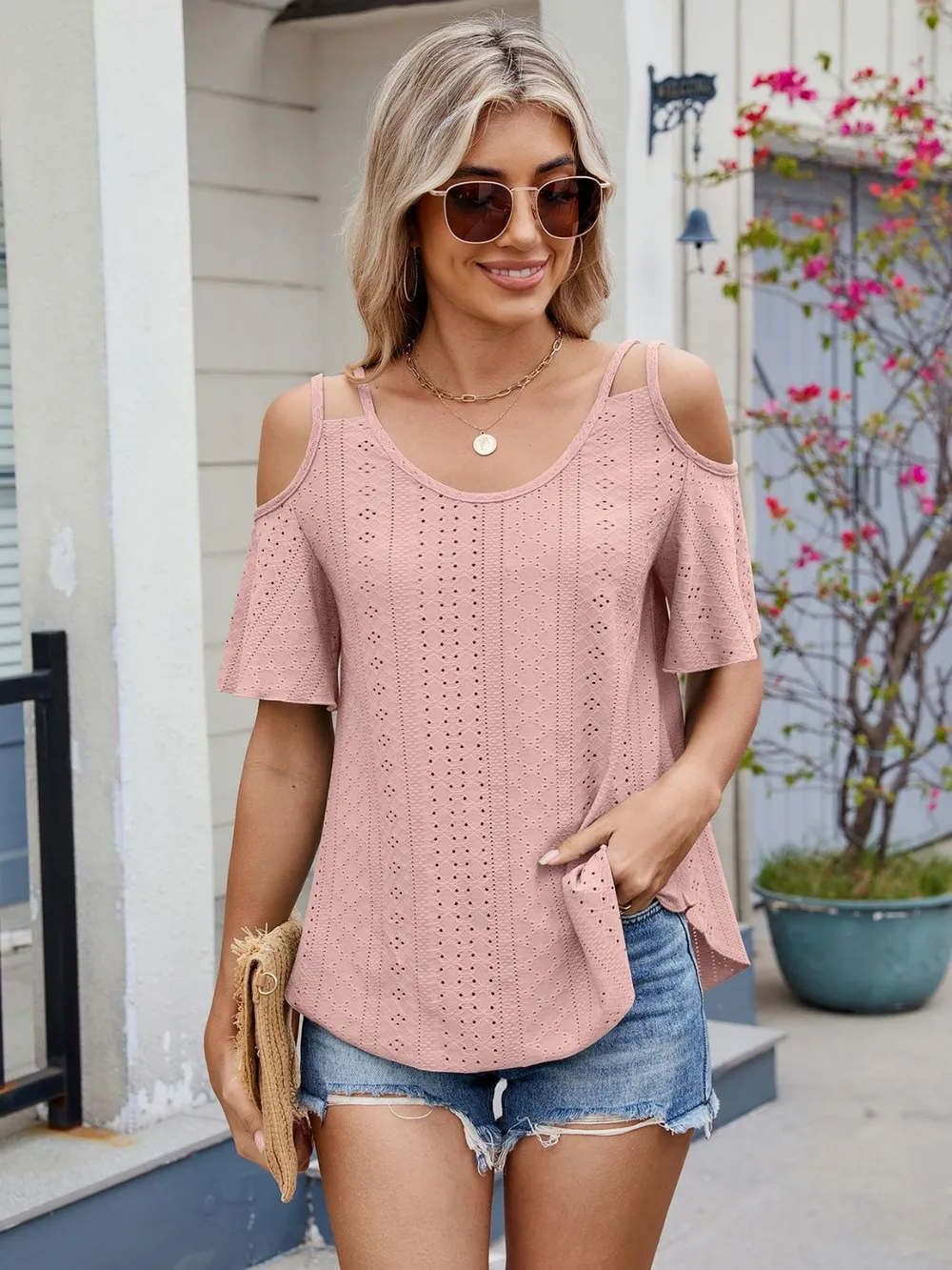 Round Neck Cold Shoulder Eyelet T-Shirt, image 19