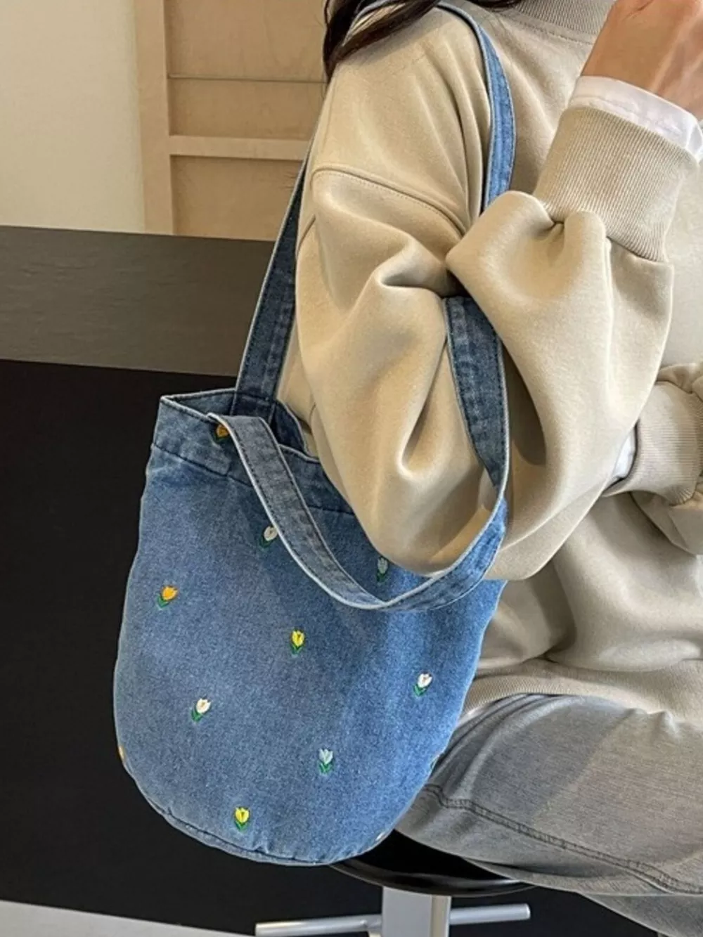 Floral Embroidered Denim Handbag, image 2