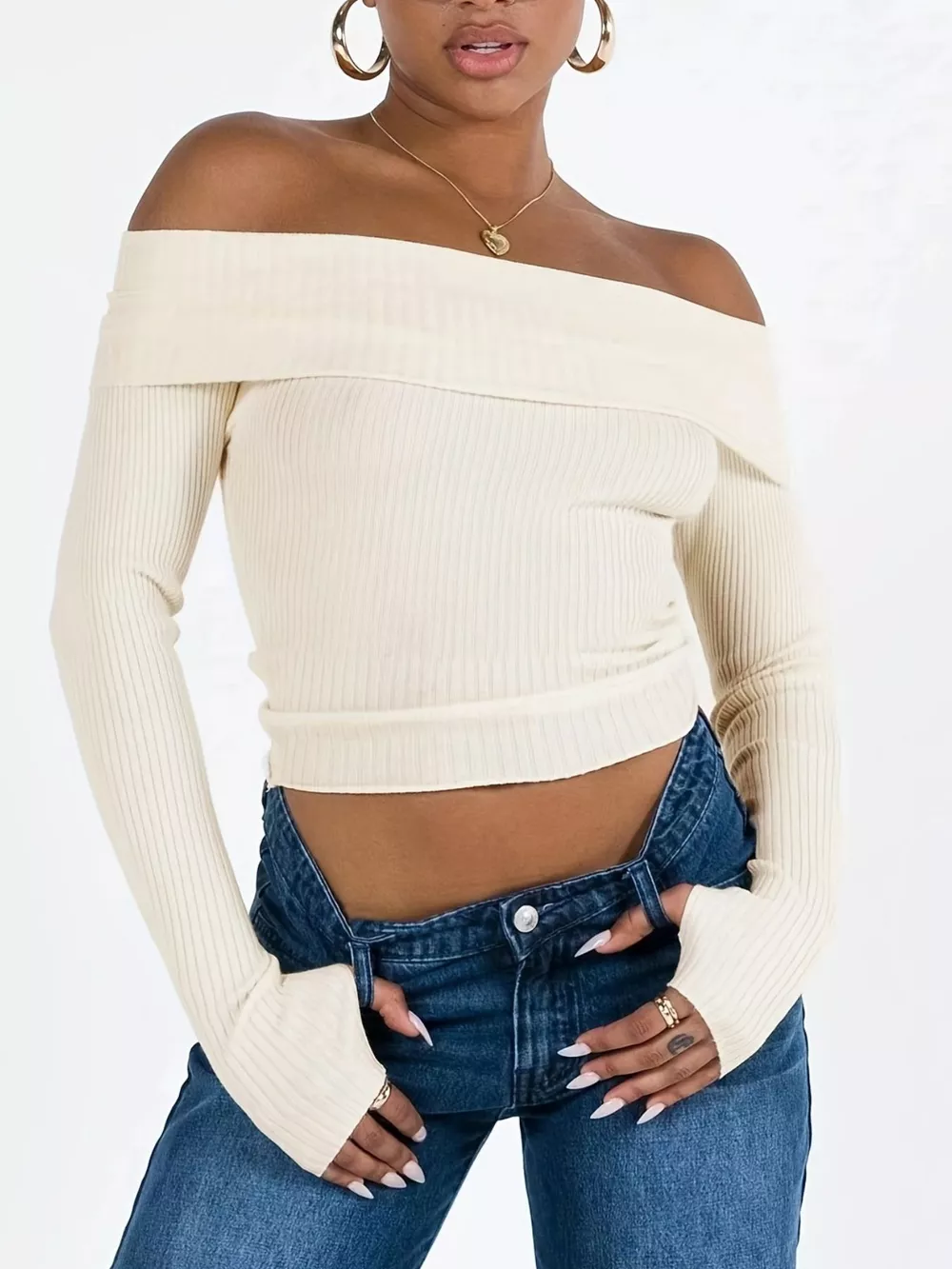 Off-Shoulder Ribbed Knit Sweater, image 4