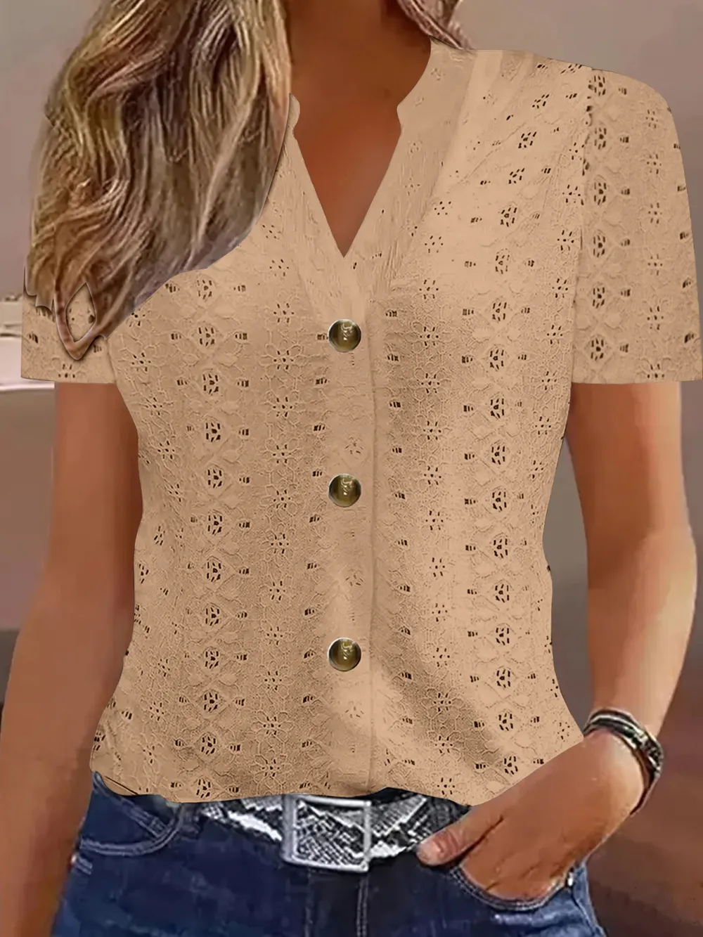 Openwork Notched Short Sleeve Top