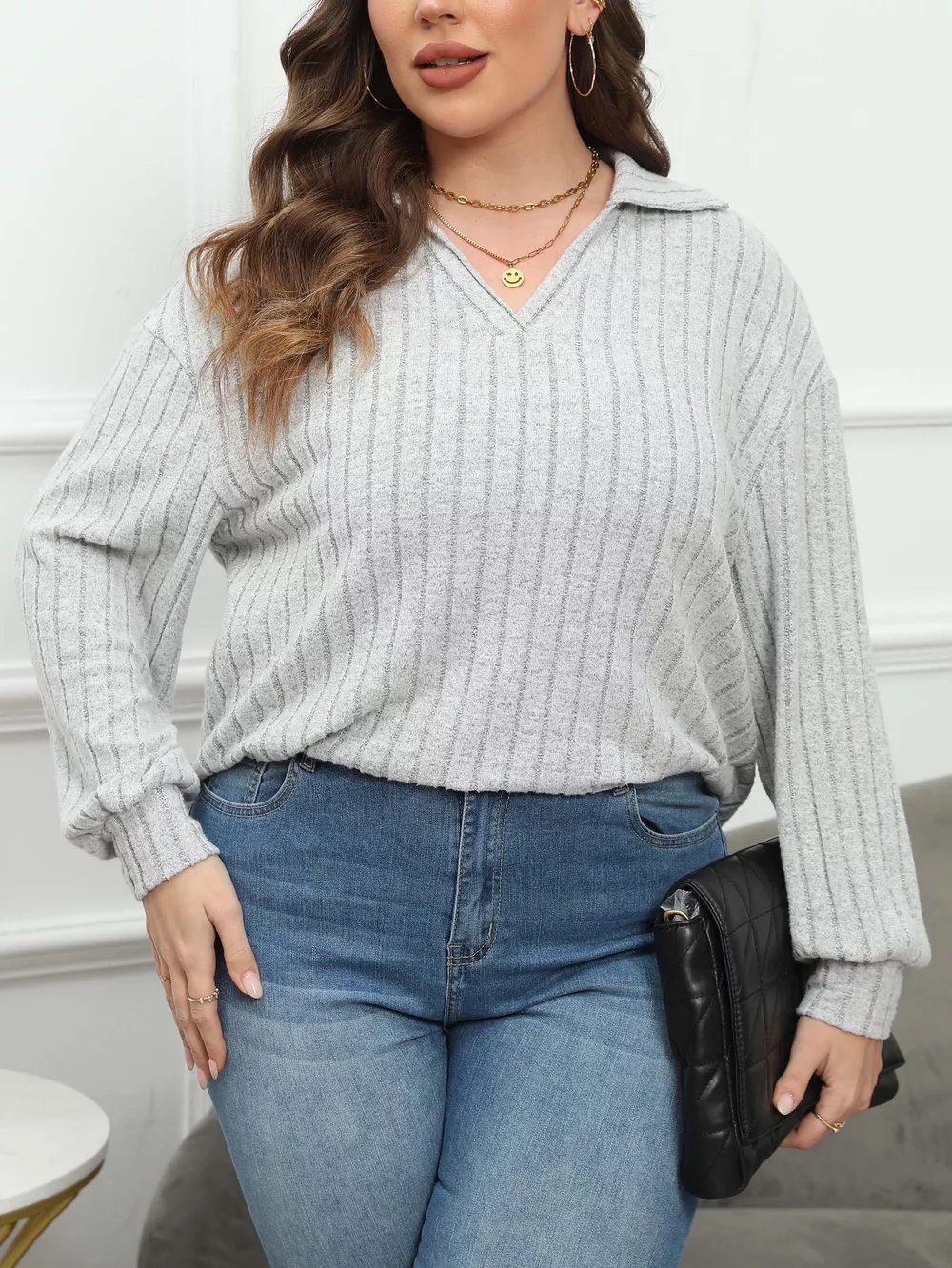 Plus Size Ribbed Knit Polo Collar T-Shirt, image 4