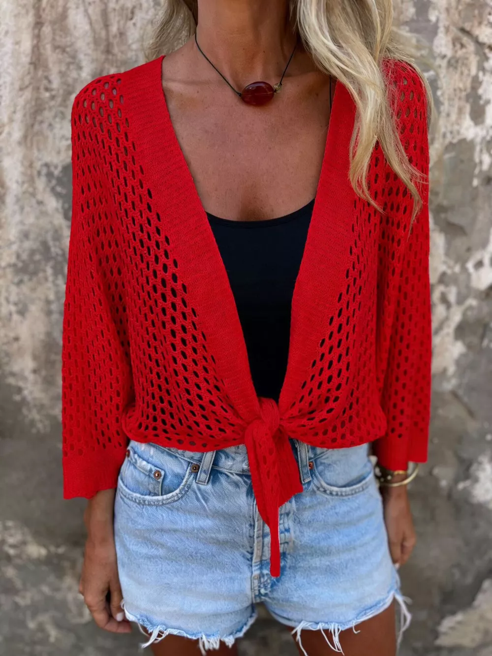 Tie-Front Crochet Knit Cover Up, image 7