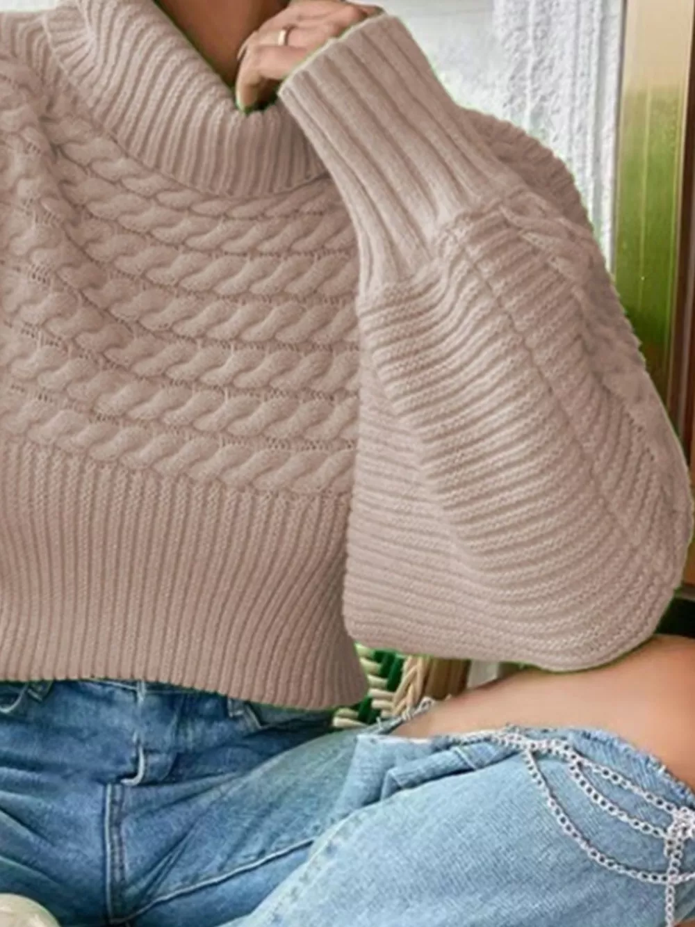 Textured Knit Turtleneck Long Sleeve Sweater, image 4