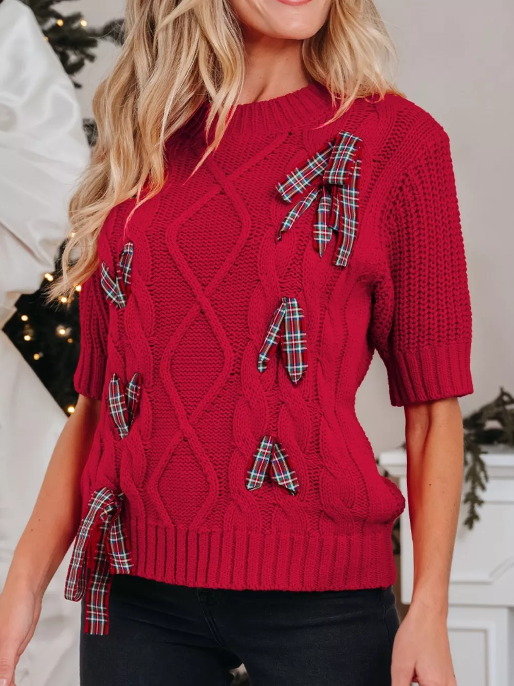 Plaid Lace Up Detail Christmas Holiday Puff Short Sleeve Sweater, image 3