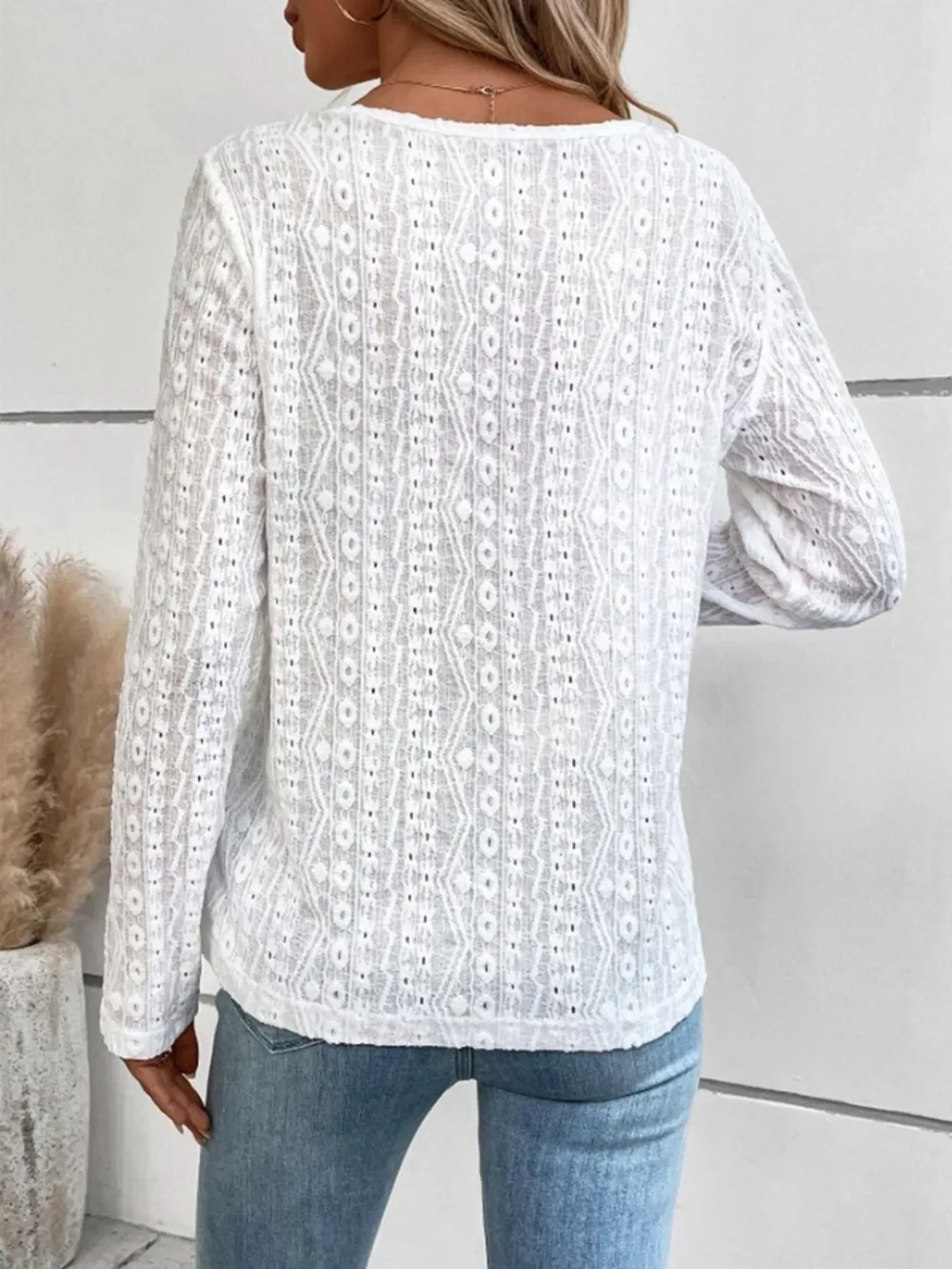 Openwork Half Button Long Sleeve Blouse, image 7