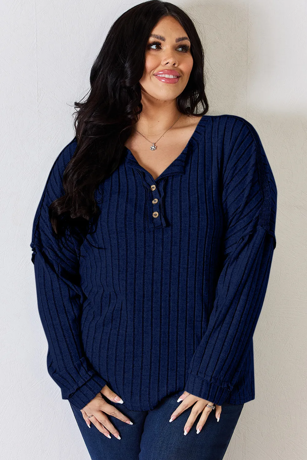 Full Size Ribbed Half Button Long Sleeve T-Shirt, image 20