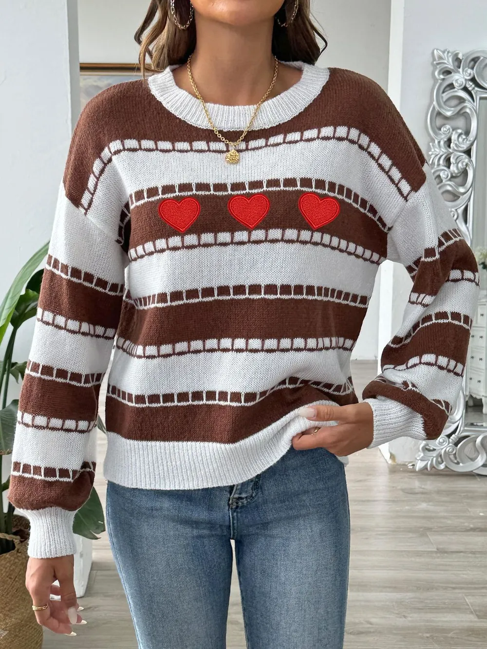 Heart Round Neck Long Sleeve Sweater, image 5