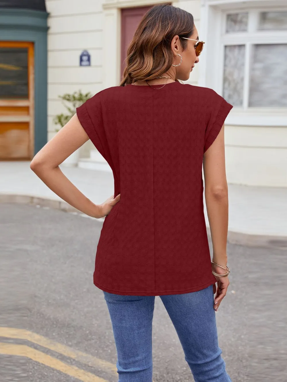 Textured Round Neck Cap Sleeve T-Shirt, image 30