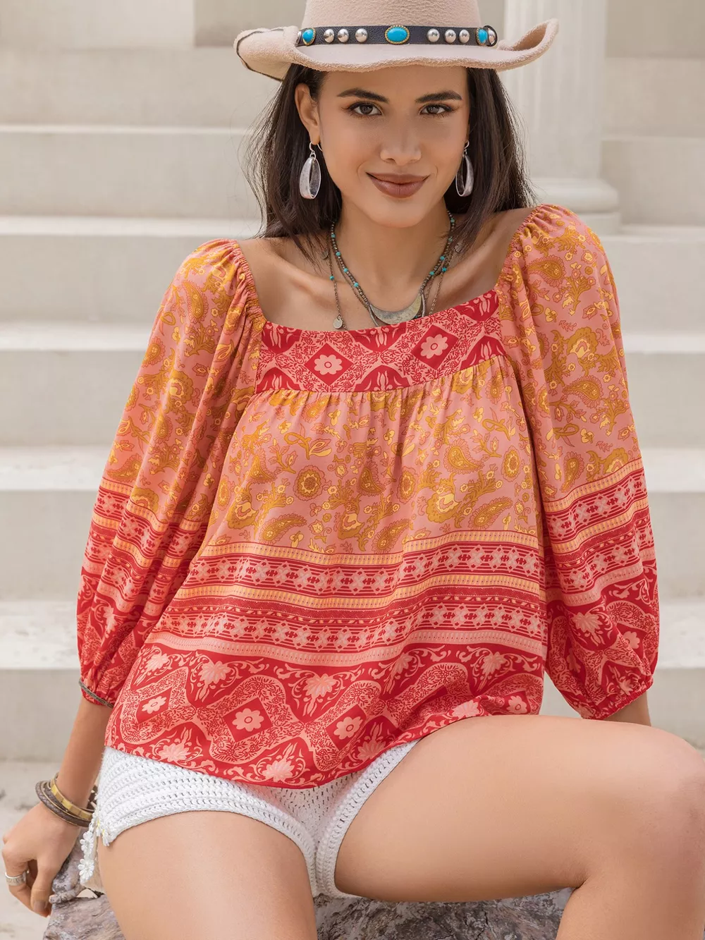 Printed Square Neck Balloon Sleeve Blouse