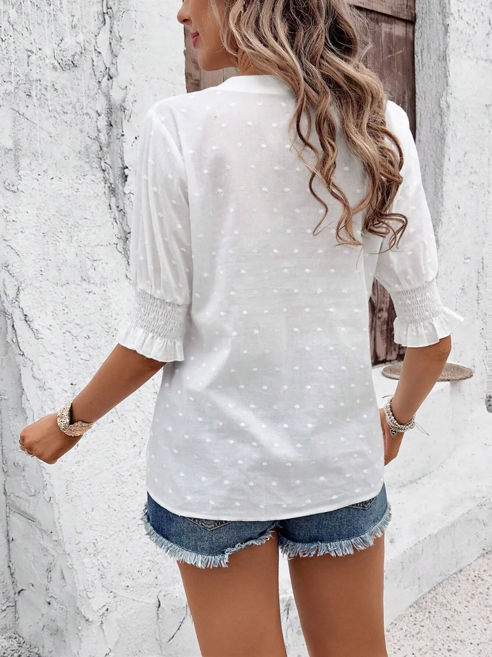 Eyelet Notched Flounce Sleeve Blouse, image 17