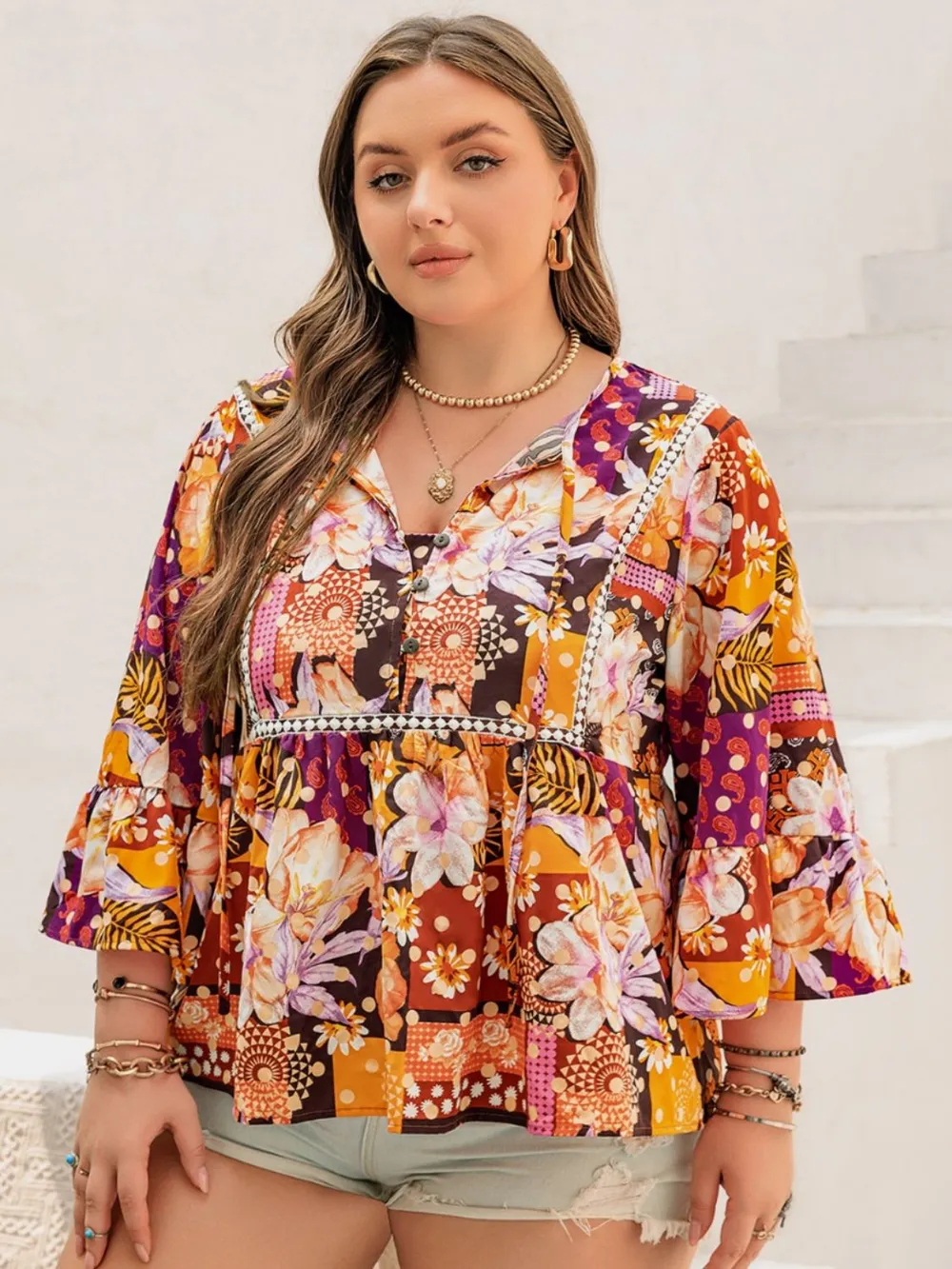 Plus Size Printed Tie Neck Blouse, image 5