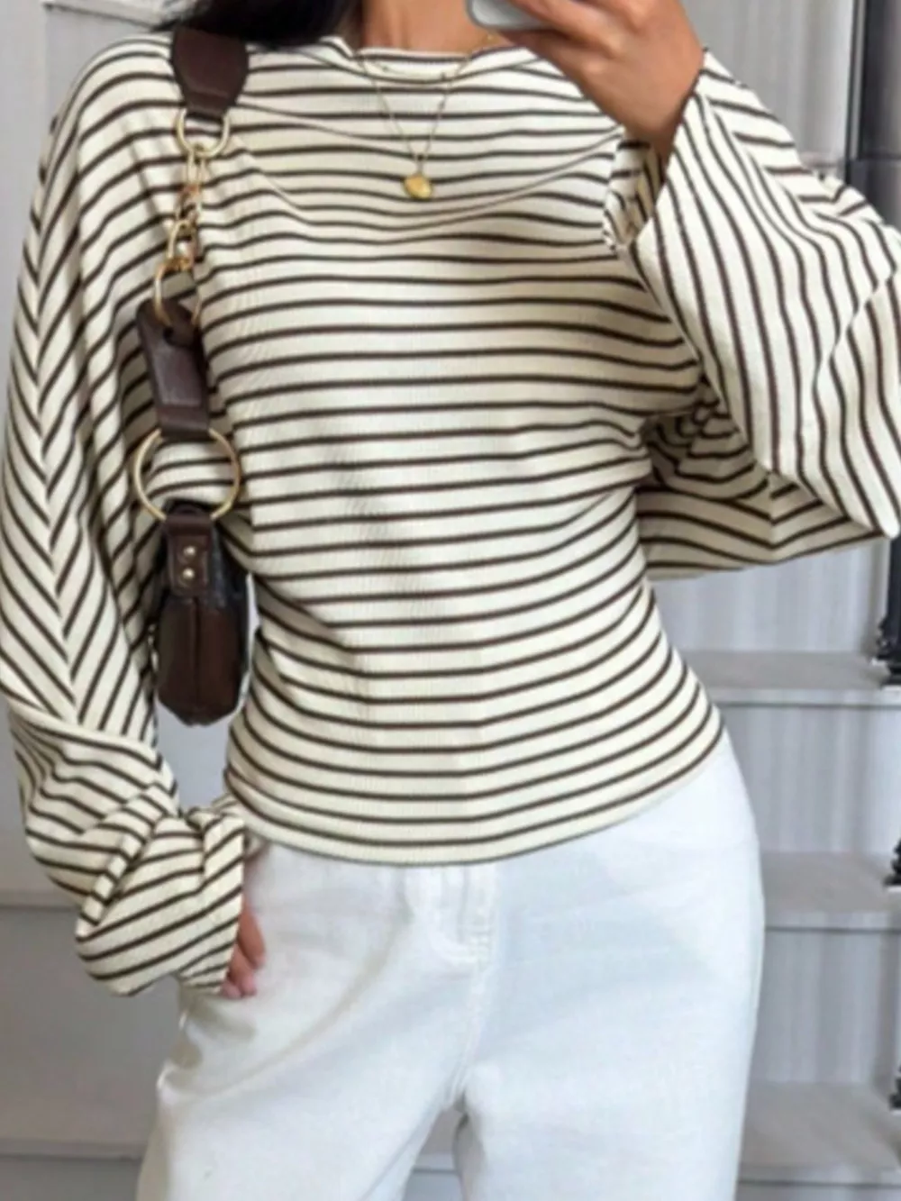 Casual Striped Long Sleeve Batwing T-Shirt, image 9