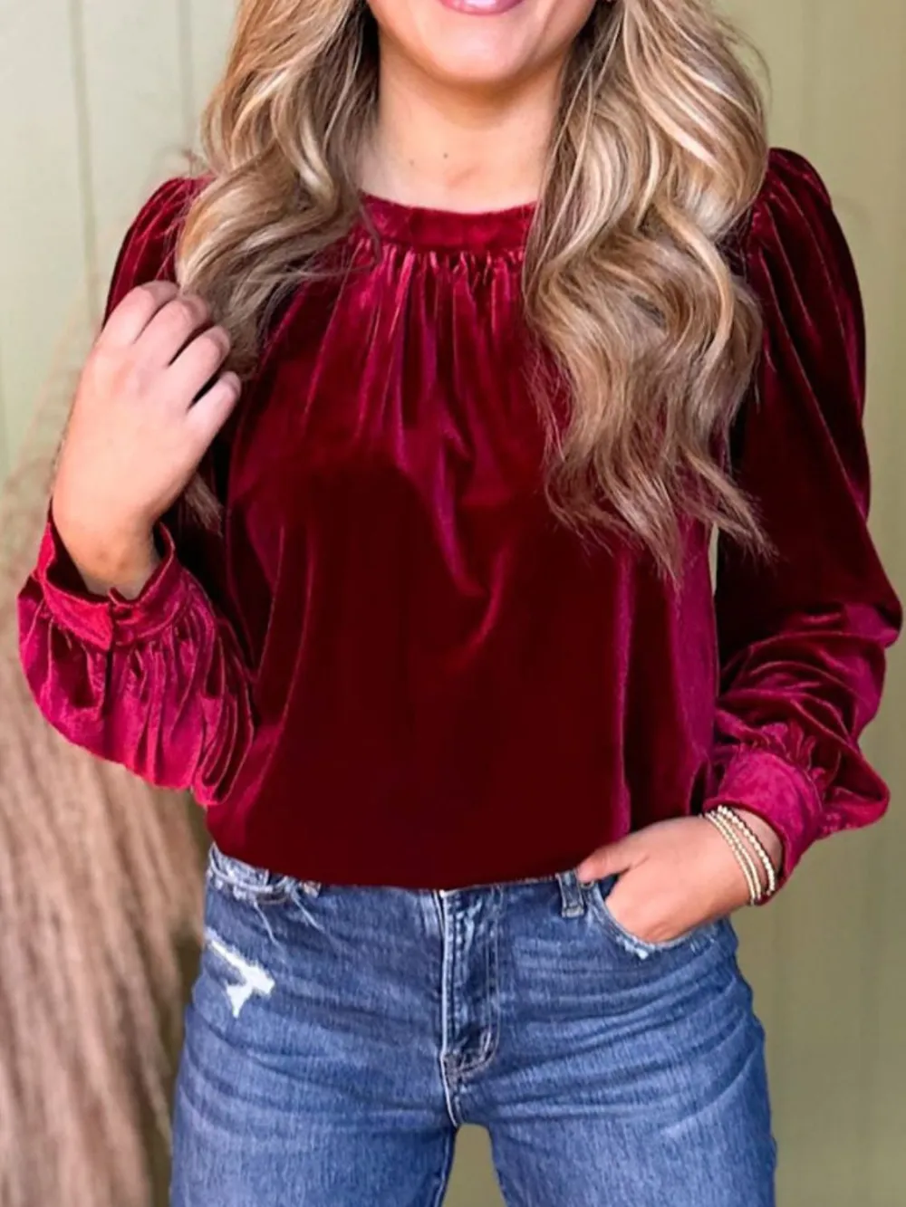 Ruched Round Neck Long Sleeve Blouse, image 8
