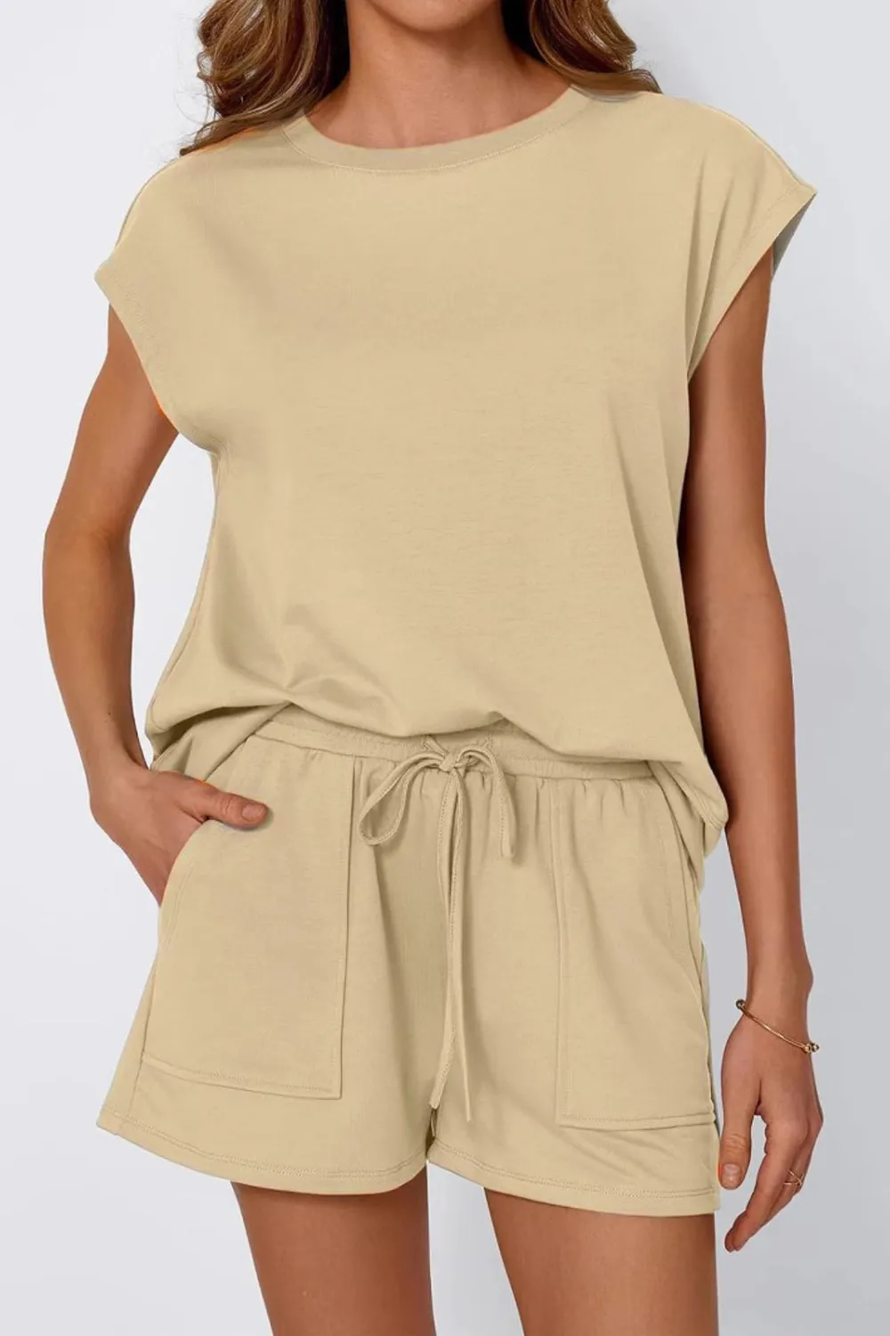 Round Neck Cap Sleeve Top and Shorts Set, image 2