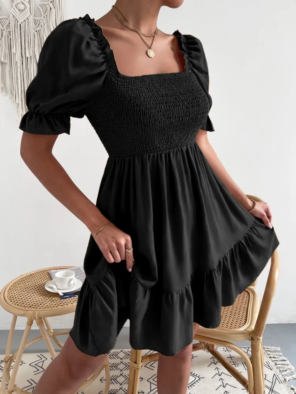 Smocked Square Neck Short Sleeve Dress, image 20