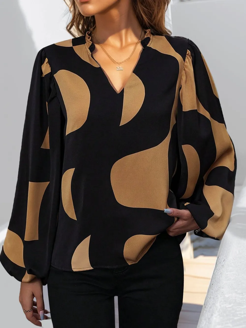 Frill Notched Long Sleeve Blouse, image 5