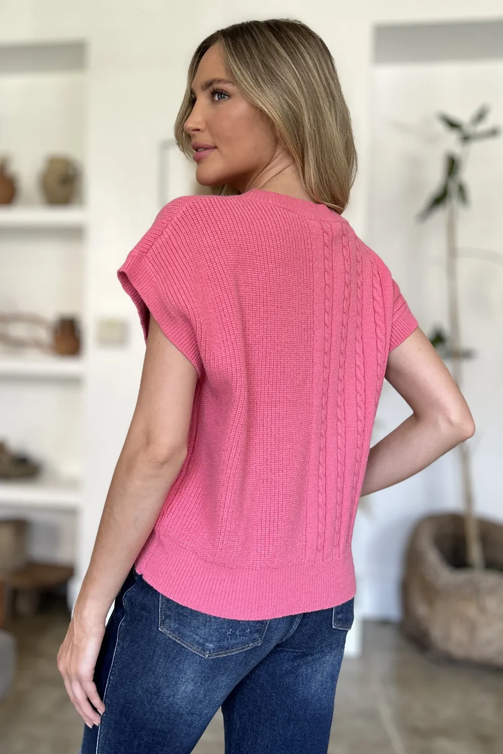 Full Size Cable-Knit Round Neck Short Sleeve Sweater, image 13