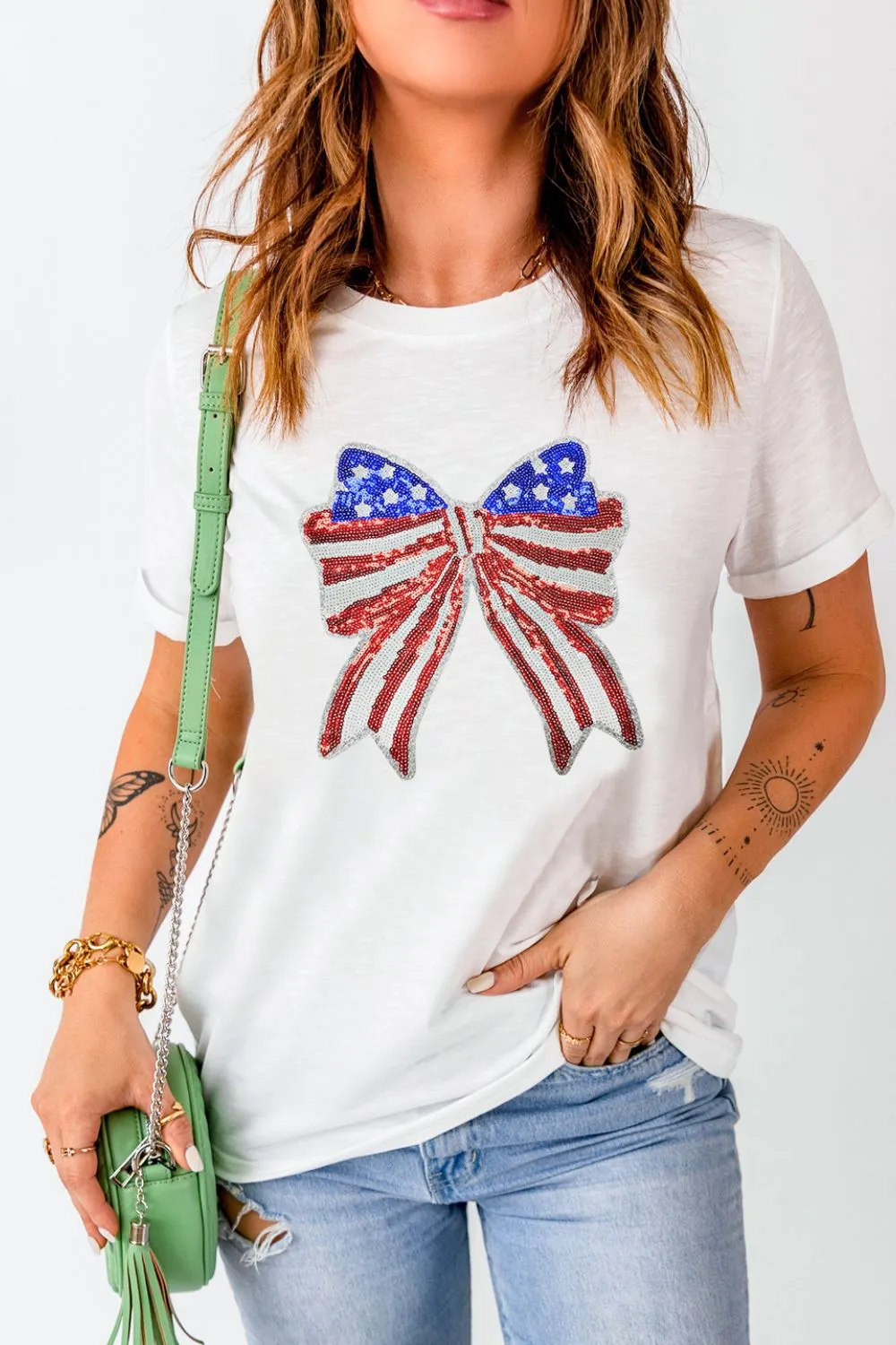 USA Flag Bow Knot Patched Crew Neck T Shirt, image 4