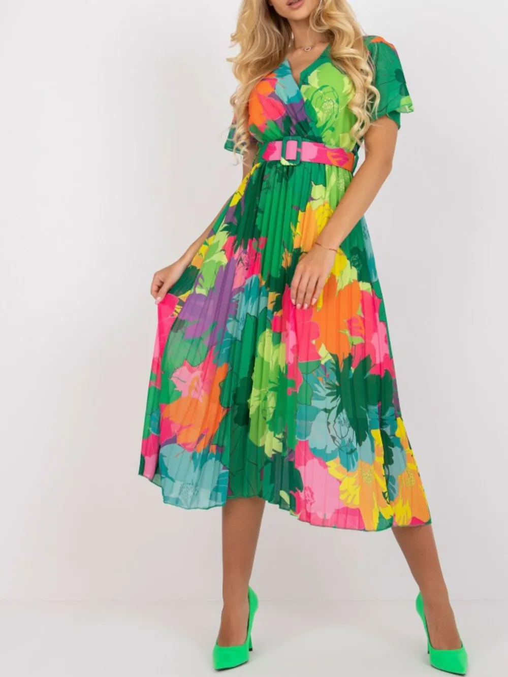Printed Pleated Midi Wrap Dress with Belt